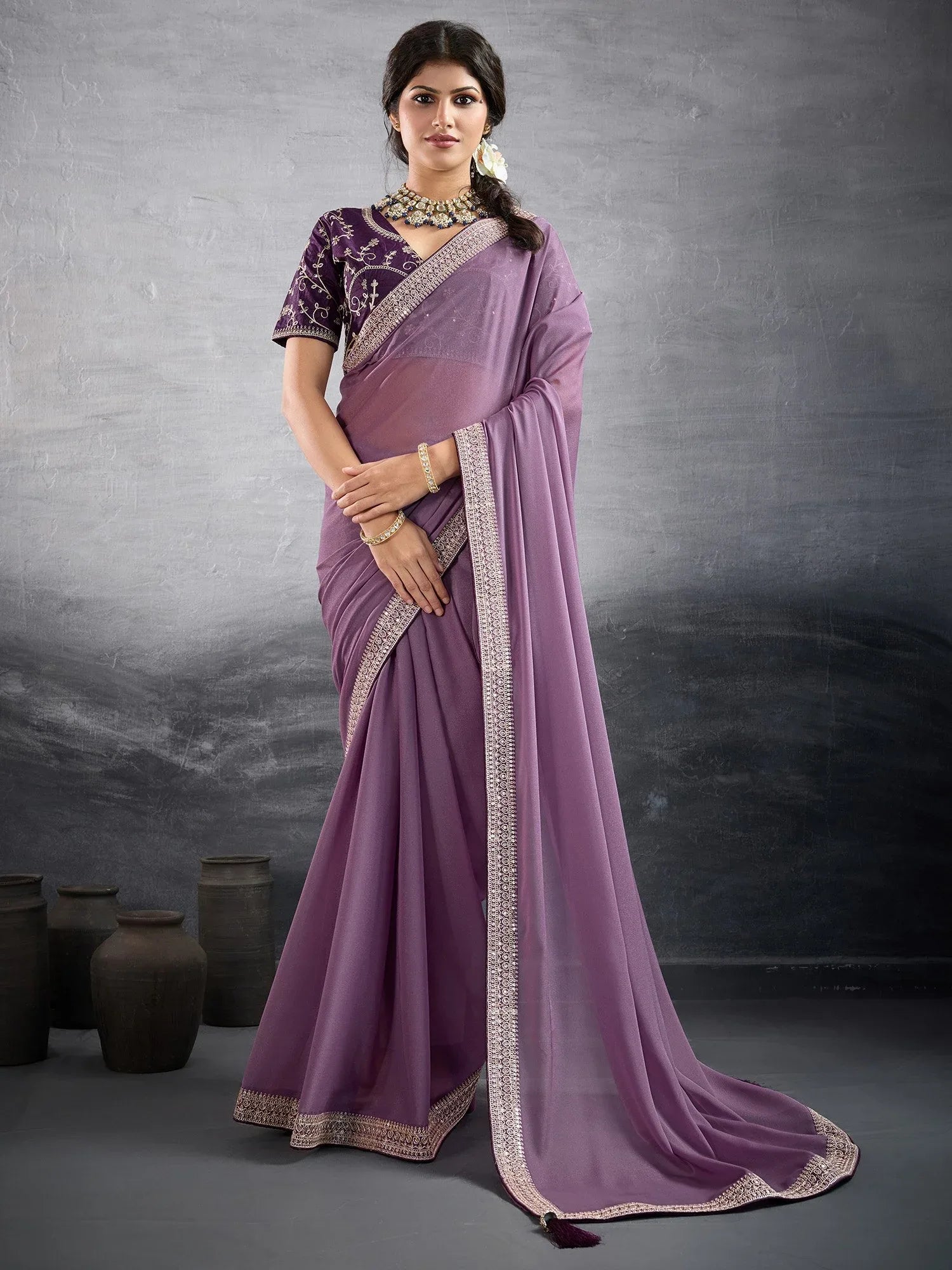 Mauve Party Wear Georgette Embellished Saree - The Dori Store