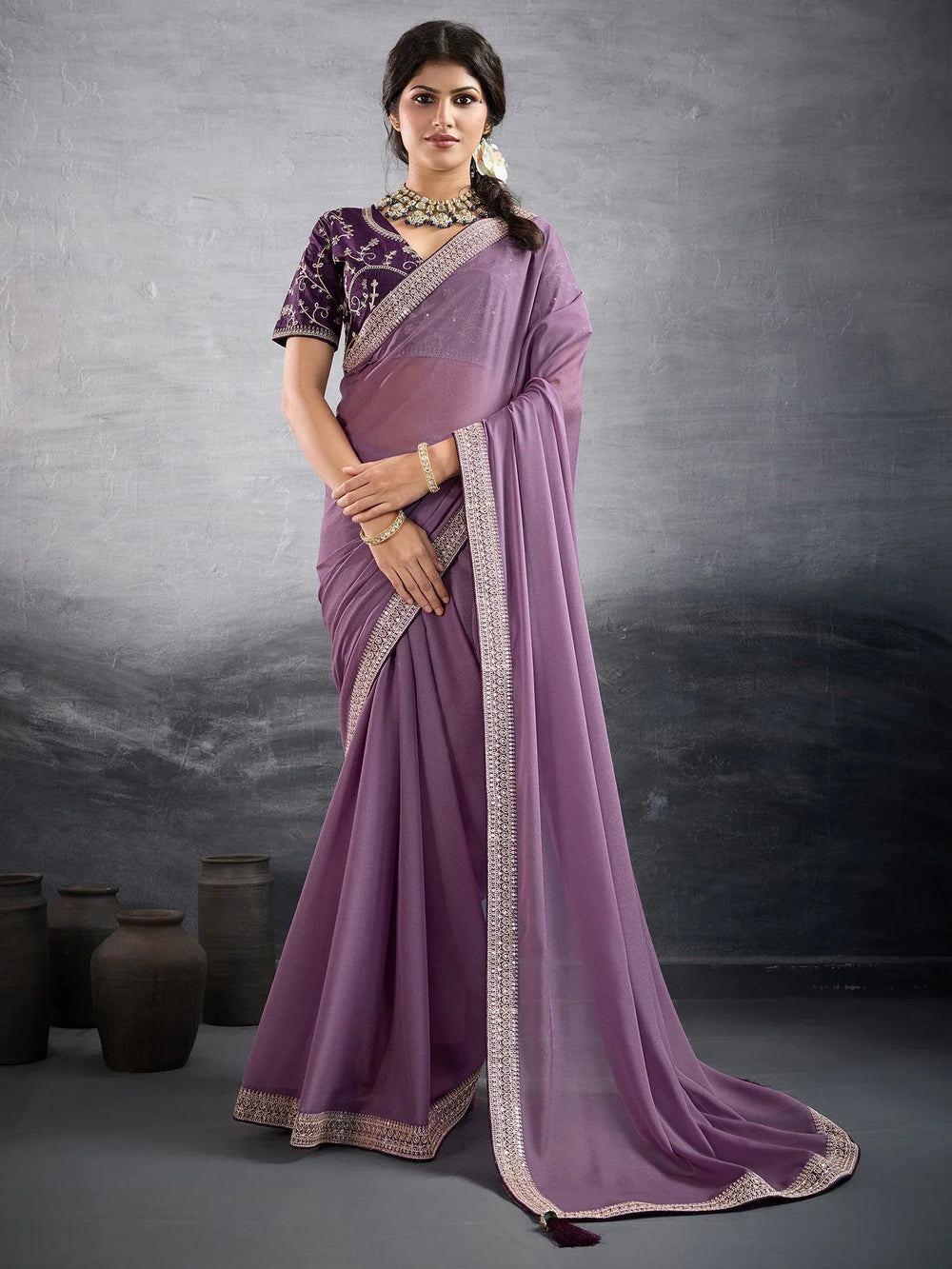 Mauve Party Wear Georgette Embellished Saree - The Dori Store