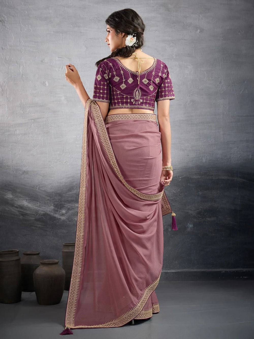 Pink Party Wear Georgette Embellished Saree - The Dori Store