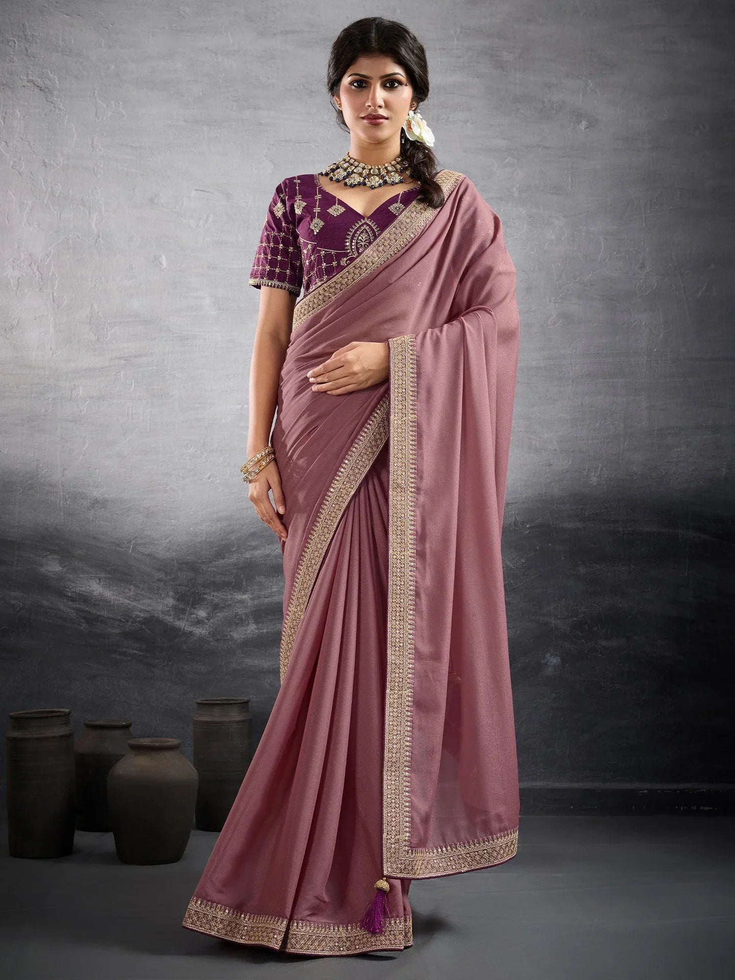 Pink Party Wear Georgette Embellished Saree - The Dori Store