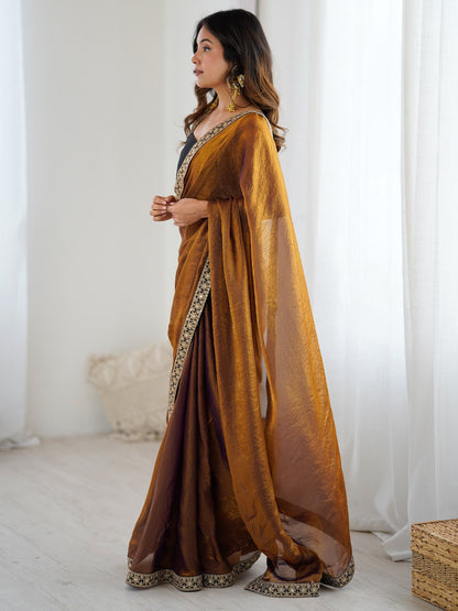 Bronze Party Wear Satin Silk Embellished Saree