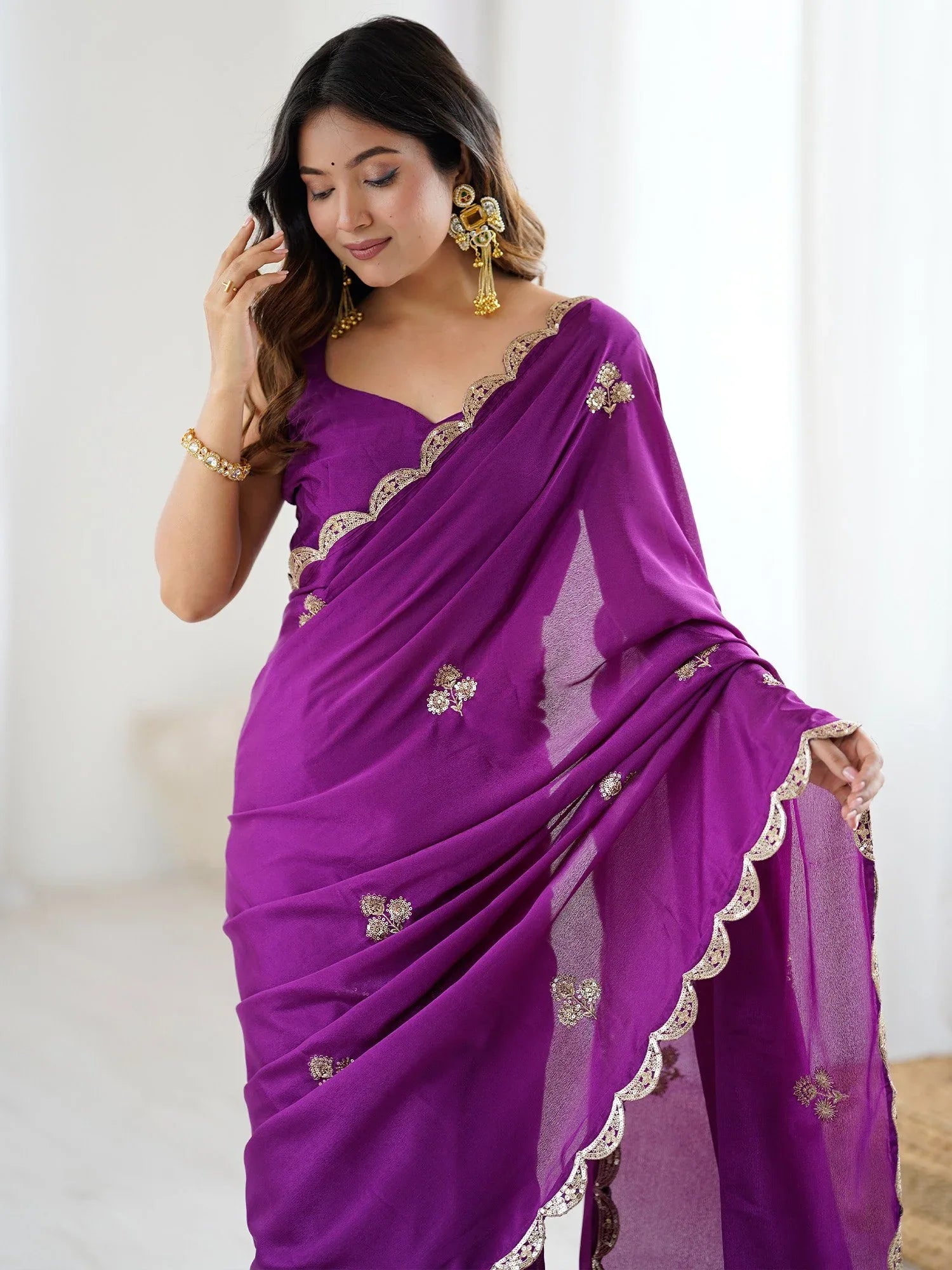 Purple Party Wear chinnon Embellished Saree - The Dori Store