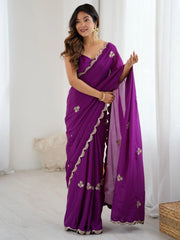 Purple Party Wear chinnon Embellished Saree - The Dori Store