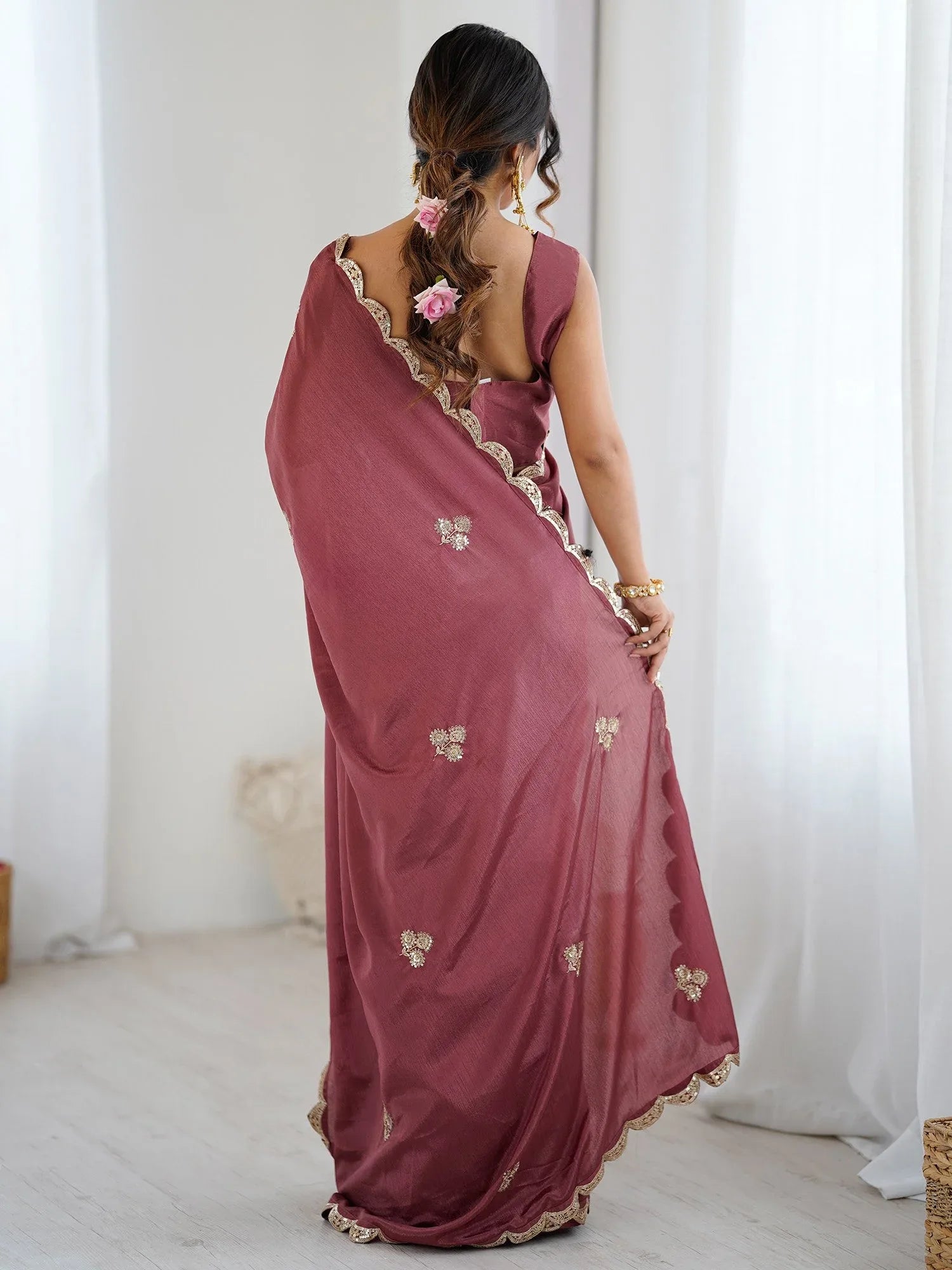 Mauve Party Wear chinnon Embellished Saree - The Dori Store
