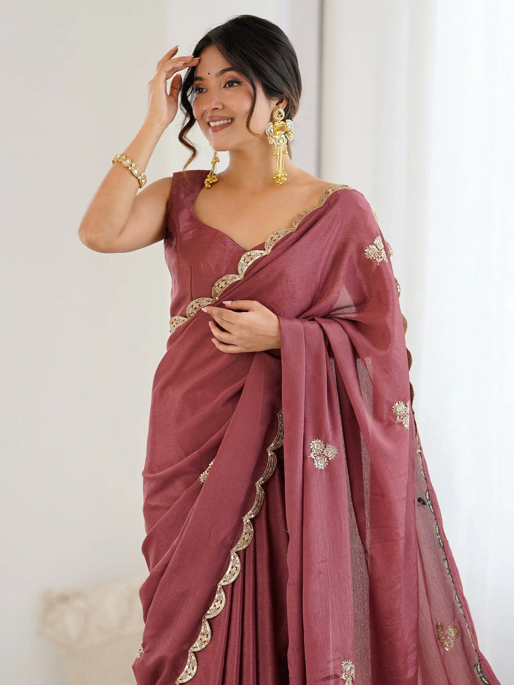 Mauve Party Wear chinnon Embellished Saree - The Dori Store