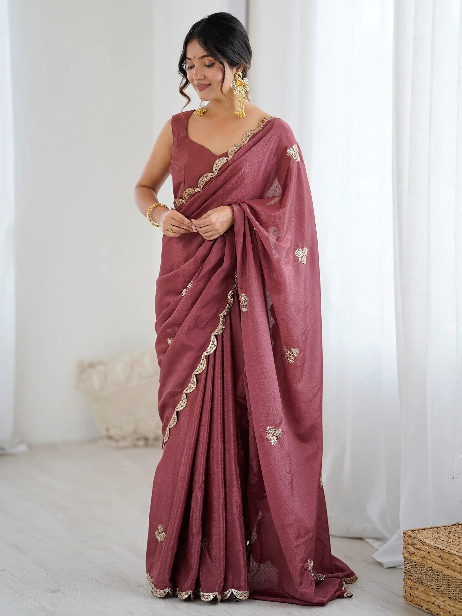 Mauve Party Wear chinnon Embellished Saree - The Dori Store
