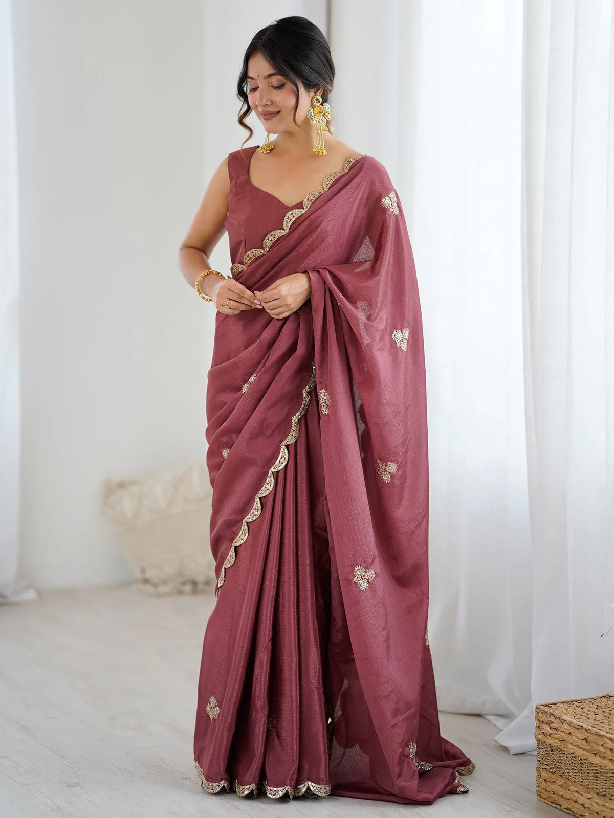 Mauve Party Wear chinnon Embellished Saree - The Dori Store