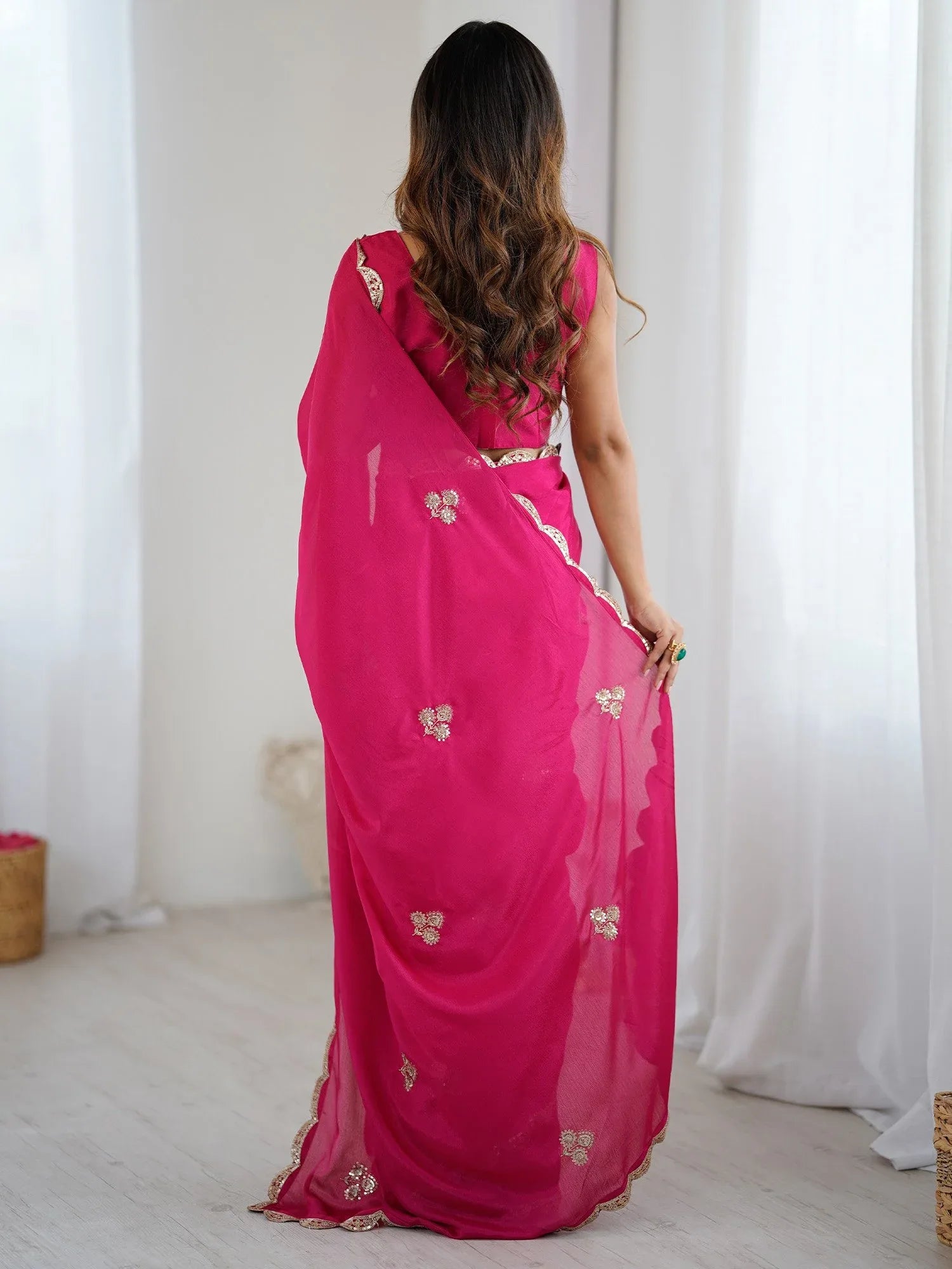 Pink Party Wear chinnon Embellished Saree - The Dori Store