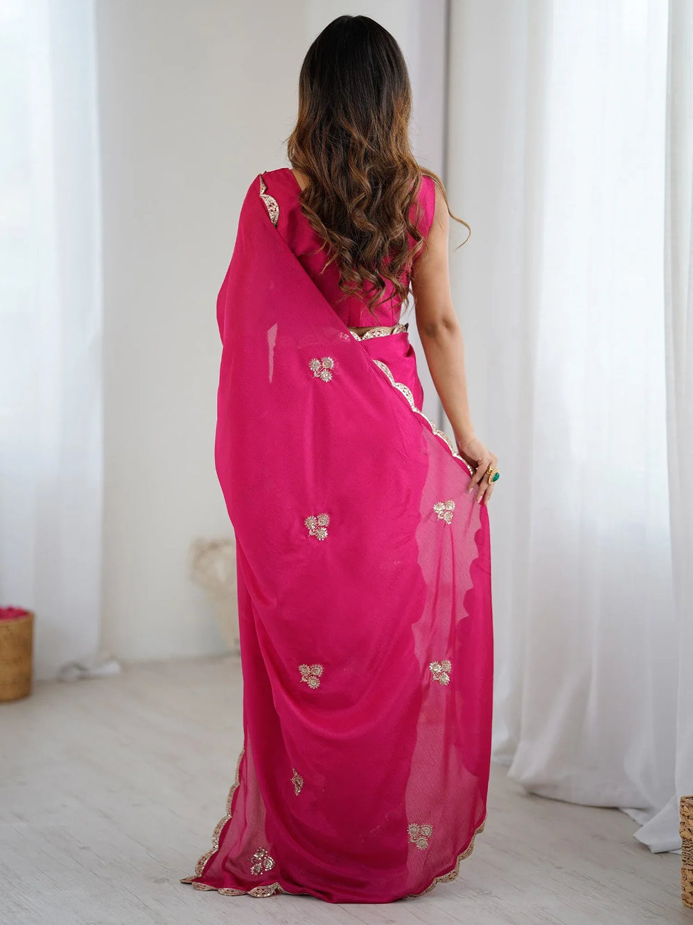 Pink Party Wear chinnon Embellished Saree - The Dori Store