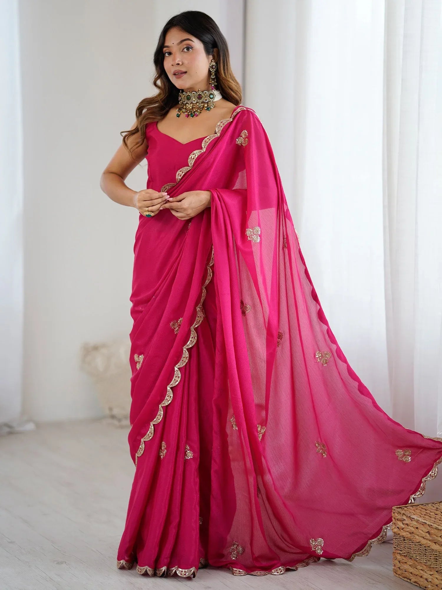 Pink Party Wear chinnon Embellished Saree - The Dori Store