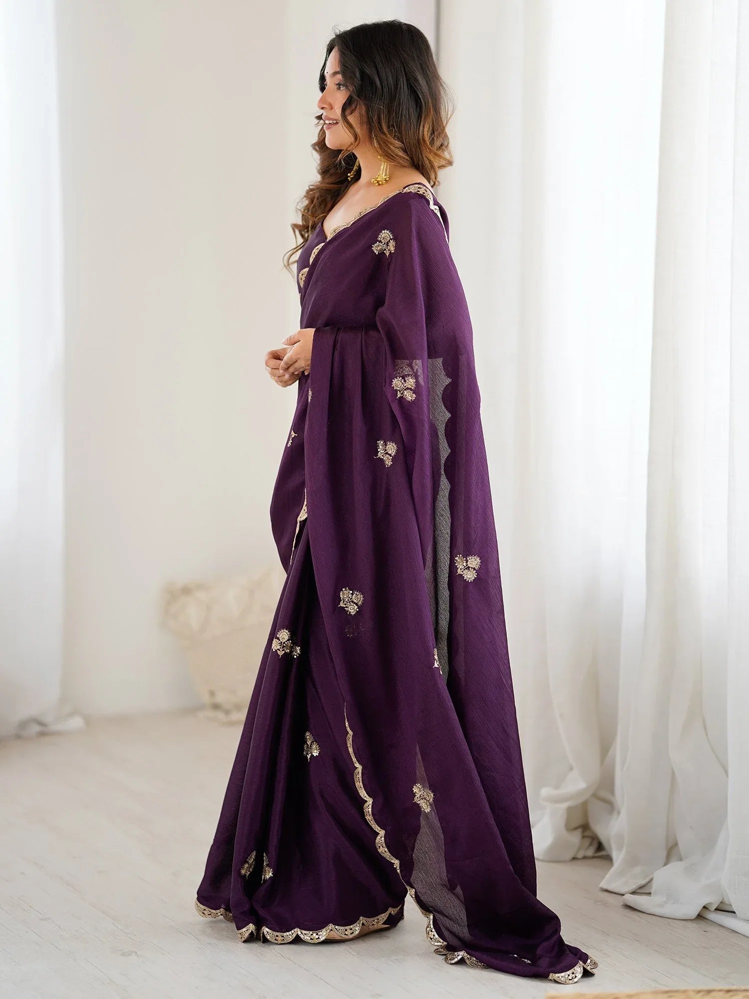 Purple Party Wear chinnon Embellished Saree