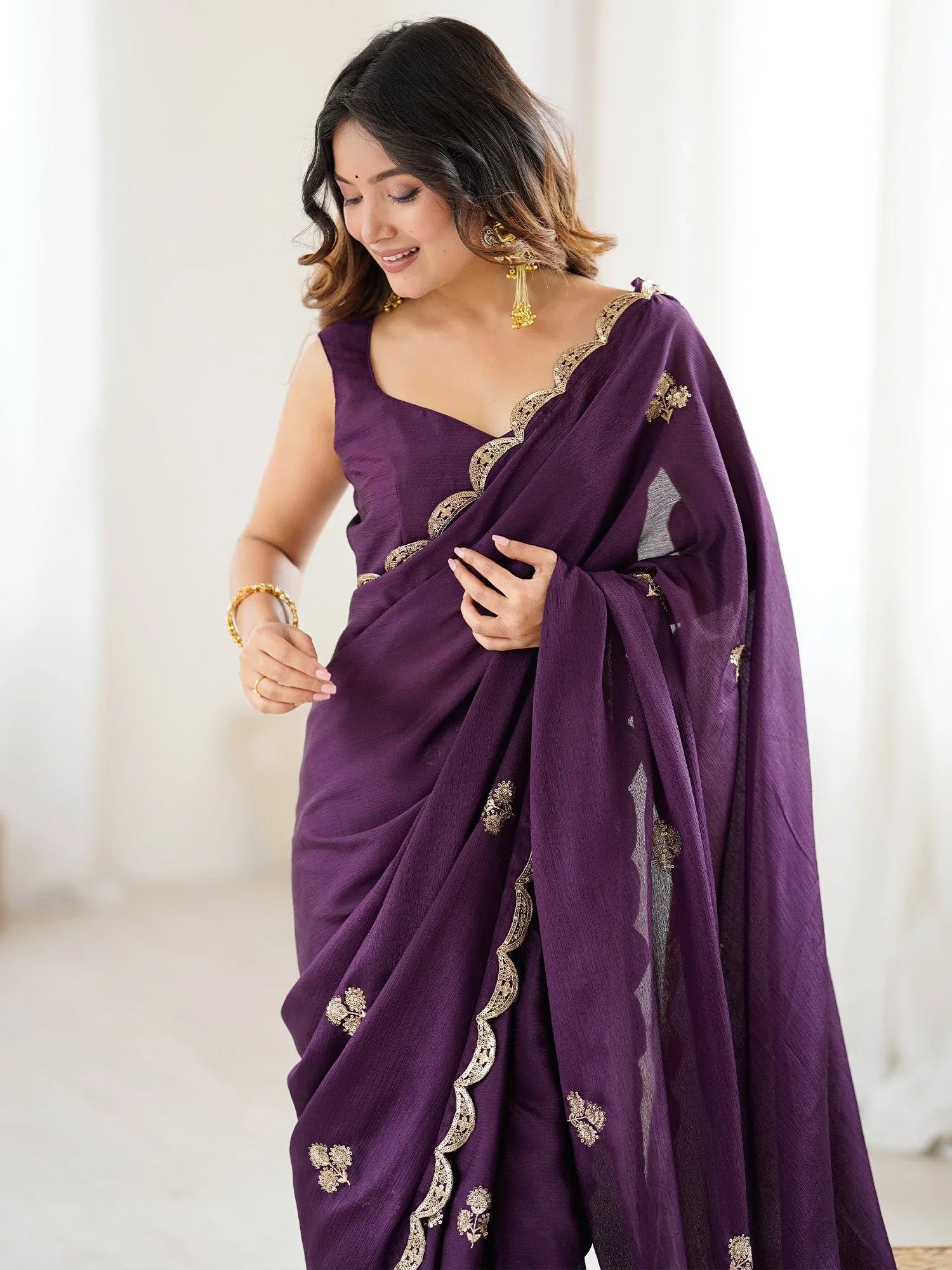 Purple Party Wear chinnon Embellished Saree