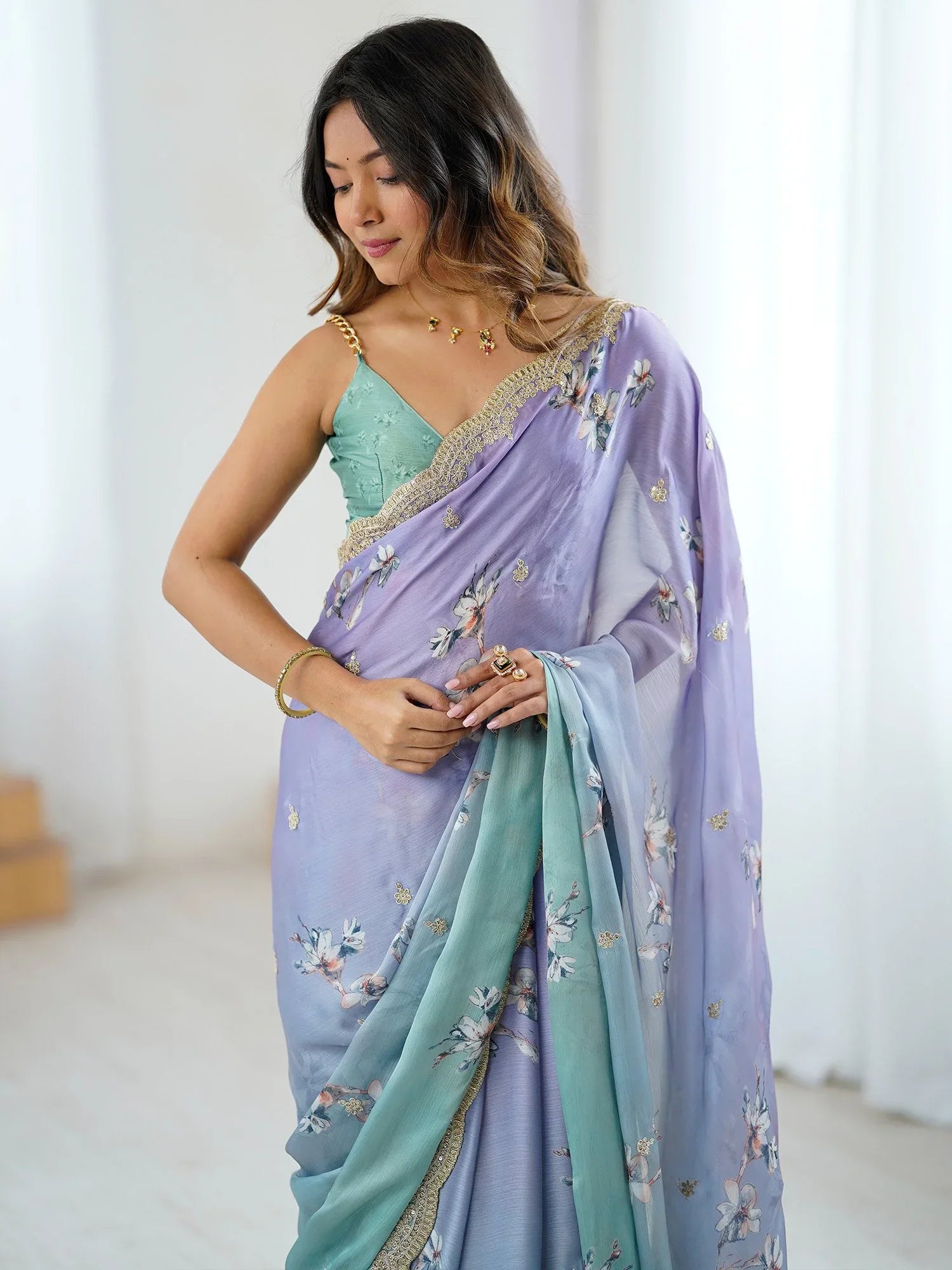 Lavendar Party Wear Chiffon Embellished Saree - The Dori Store