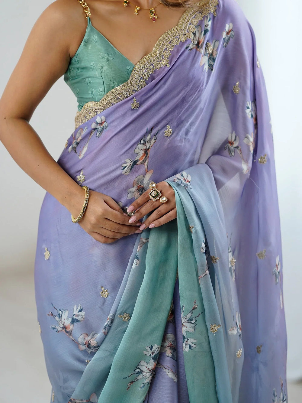 Lavendar Party Wear Chiffon Embellished Saree - The Dori Store