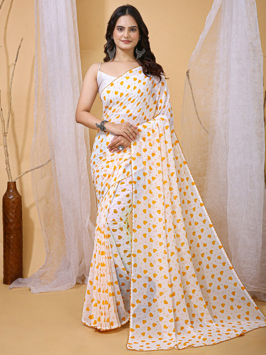 White White Party Wear Georgette Printed Saree