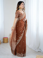 Brown Party Wear Chiffon Embellished Saree