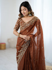 Brown Party Wear Chiffon Embellished Saree