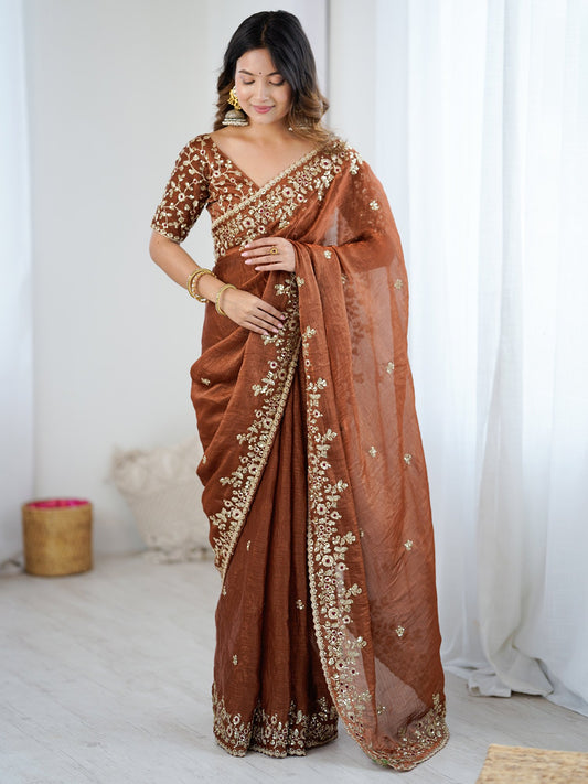 Brown Brown Party Wear Chiffon Embellished Saree