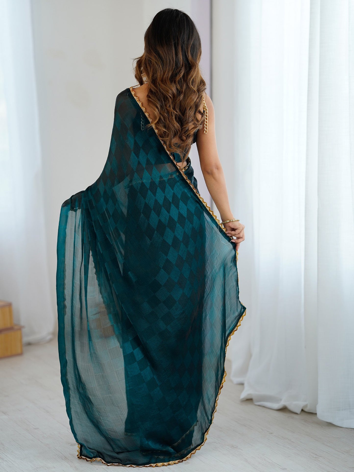 Teal Party Wear Chiffon Embellished Saree