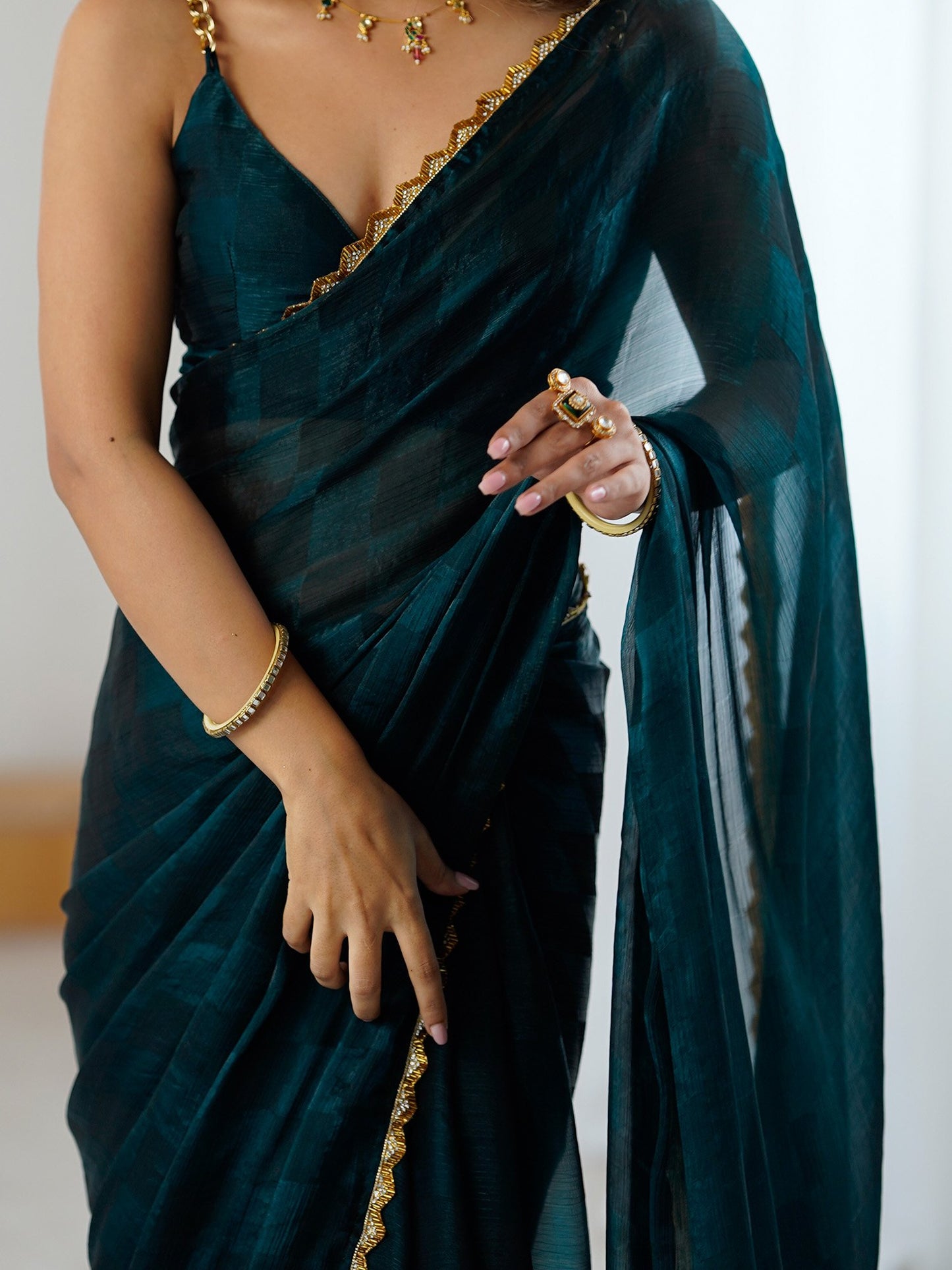 Teal Party Wear Chiffon Embellished Saree