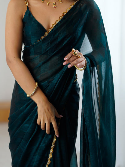 Teal Party Wear Chiffon Embellished Saree