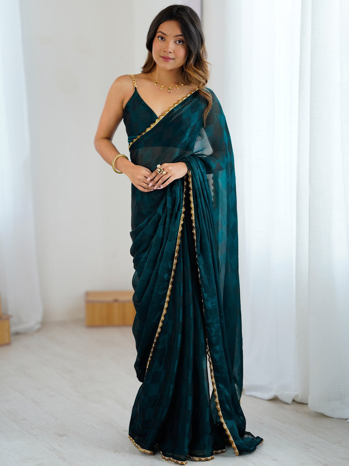 Blue Teal Party Wear Chiffon Embellished Saree