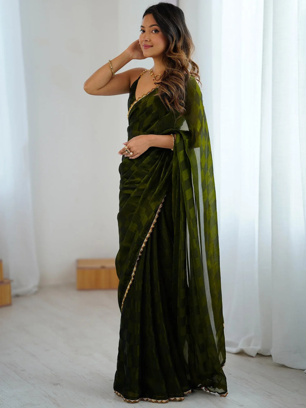 Green Party Wear Chiffon Embellished Saree - The Dori Store