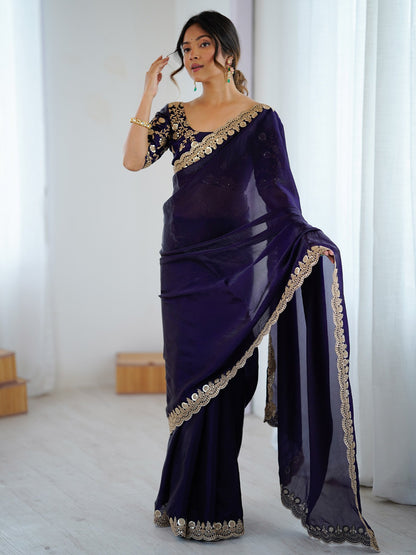 Purple Party Wear Tissue Embellished Saree