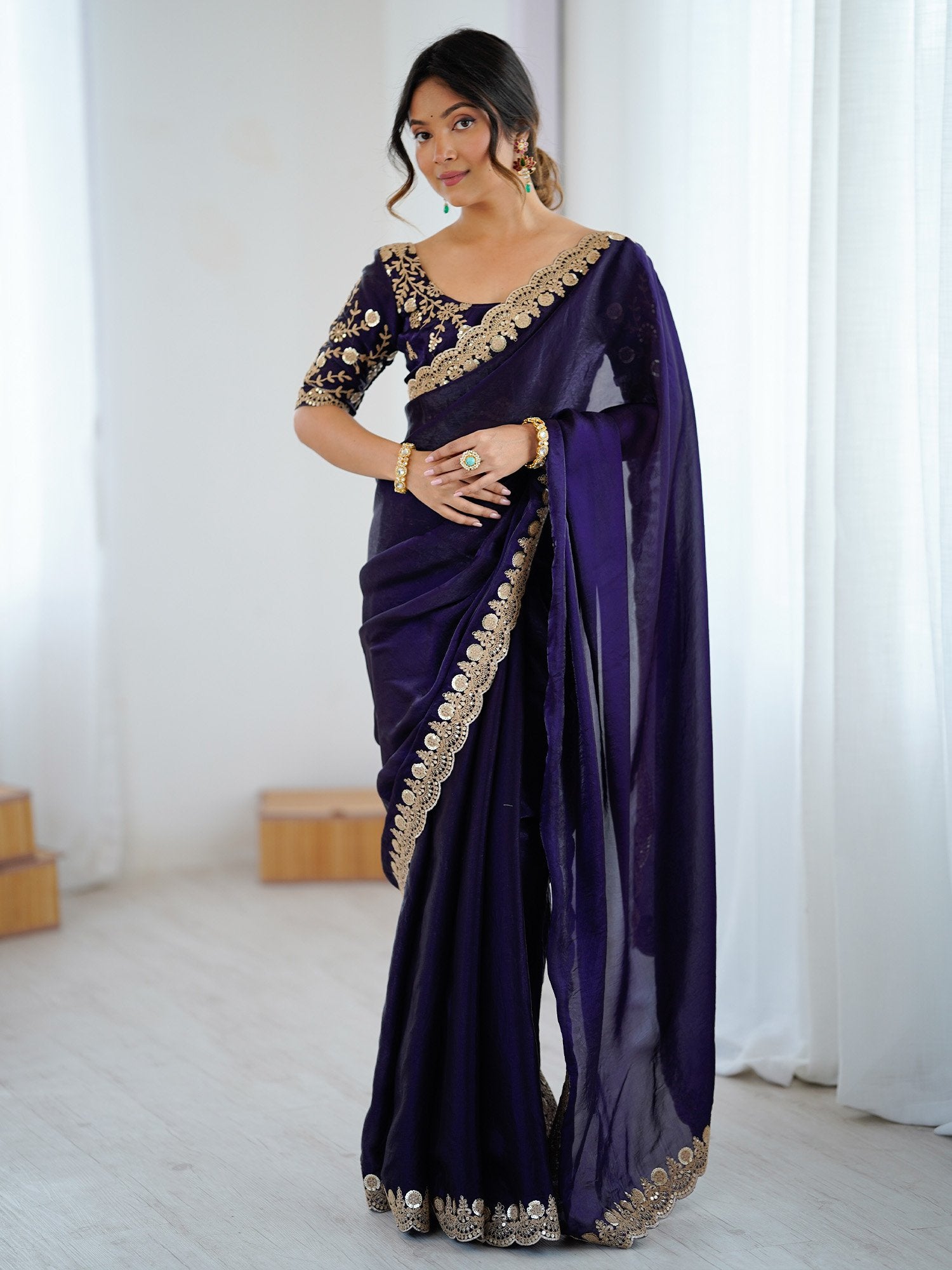 Purple Purple Party Wear Tissue Embellished Saree