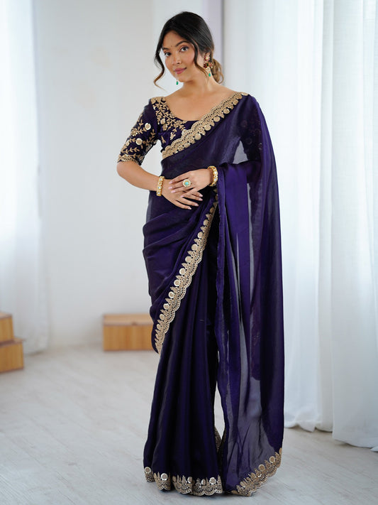 Purple Purple Party Wear Tissue Embellished Saree