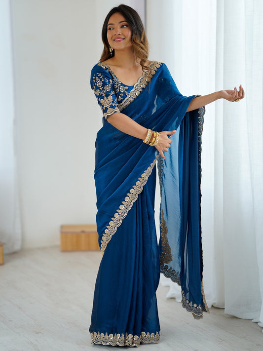 Blue Blue Party Wear Tissue Embellished Saree