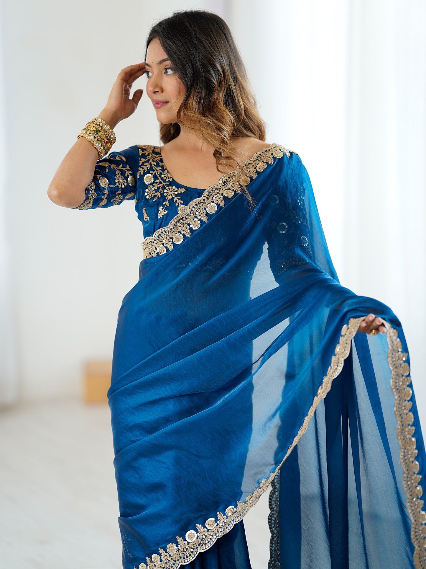 Blue Party Wear Tissue Embellished Saree