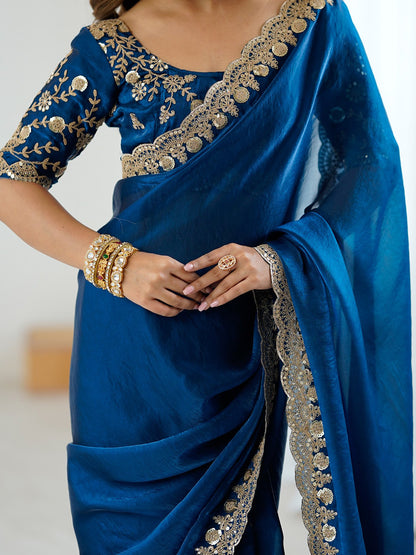 Blue Party Wear Tissue Embellished Saree