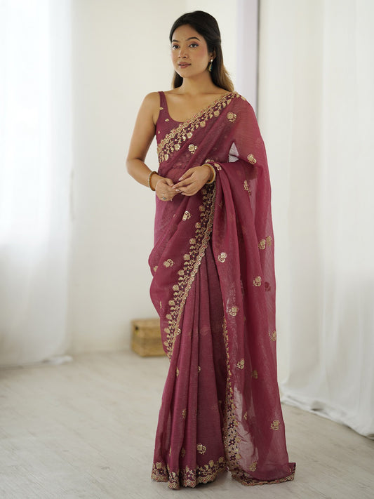 Purple Mauve Party Wear Tissue Embellished Saree