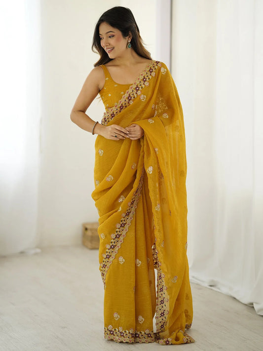 Yellow Mustard Party Wear Tissue Embellished Saree