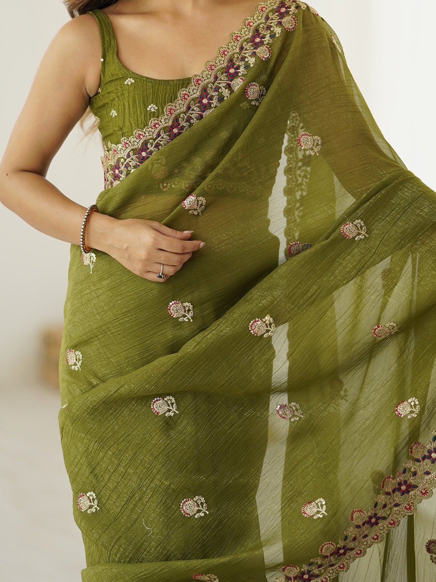 Green Party Wear Tissue Embellished Saree