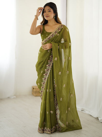 Green Green Party Wear Tissue Embellished Saree