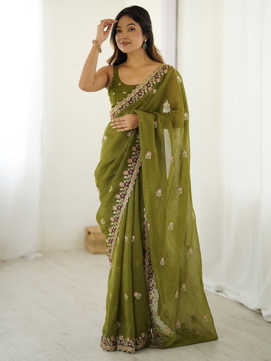 Green Green Party Wear Tissue Embellished Saree