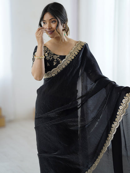 Black Party Wear Satin Embellished Saree