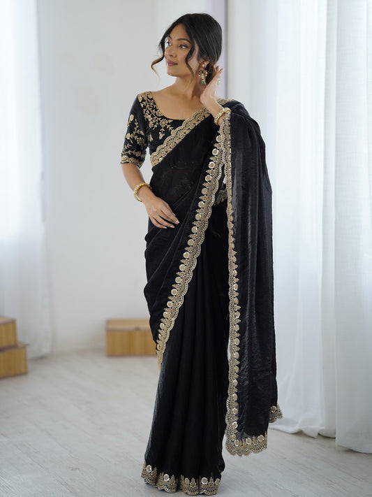 Black Black Party Wear Satin Embellished Saree