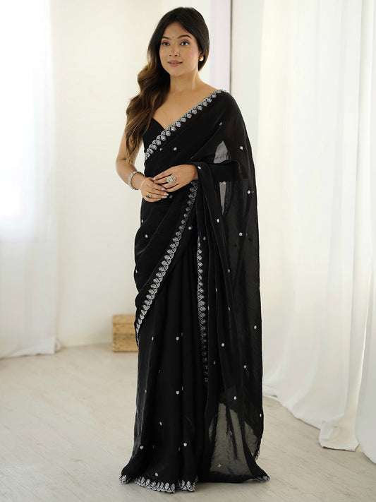 Black Black Party Wear Paper Silk Embellished Saree