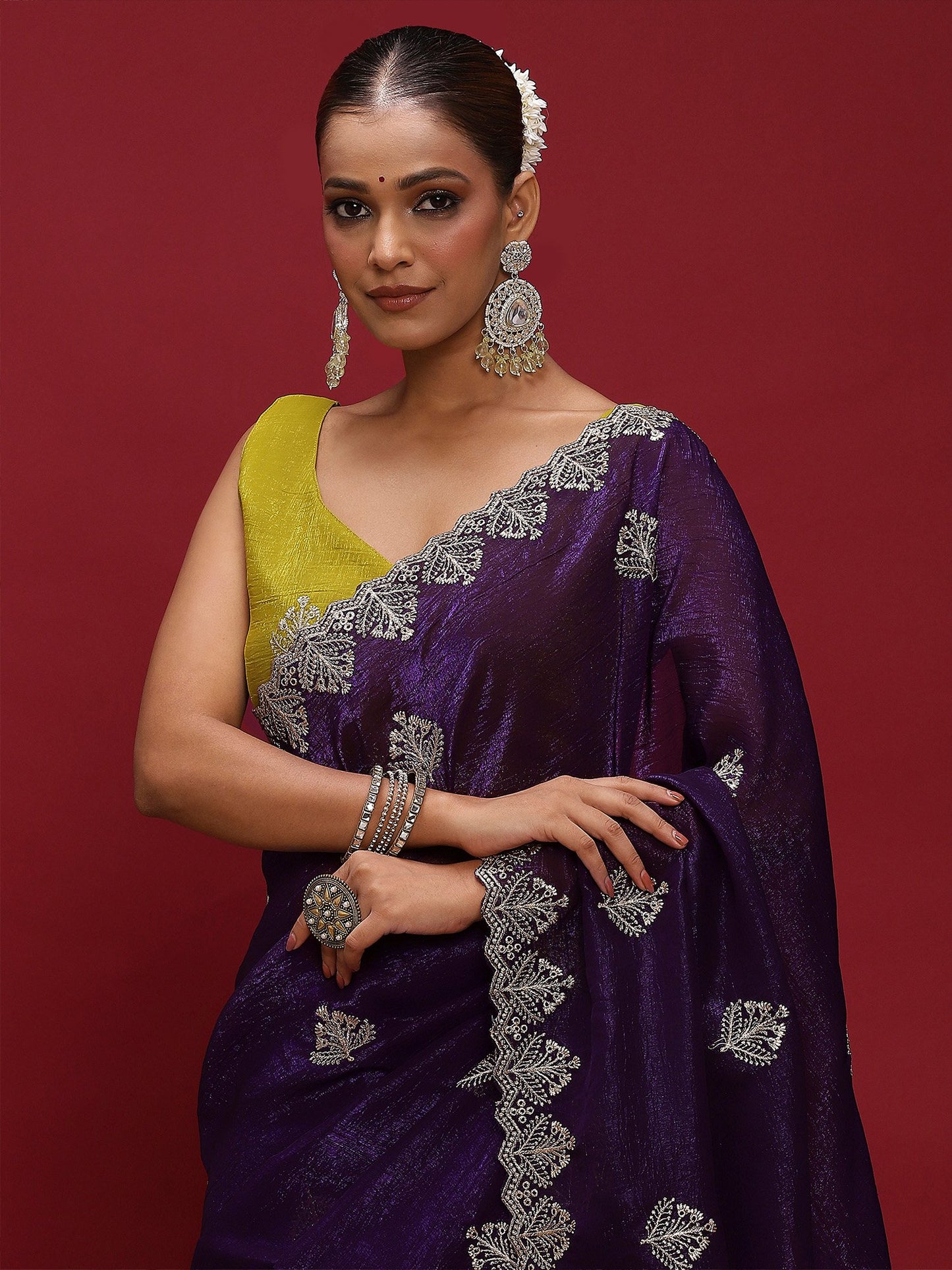Purple Purple Party Wear Tissue Embellished Saree