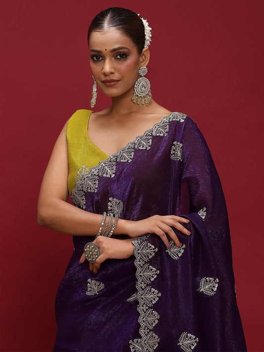 Purple Purple Party Wear Tissue Embellished Saree