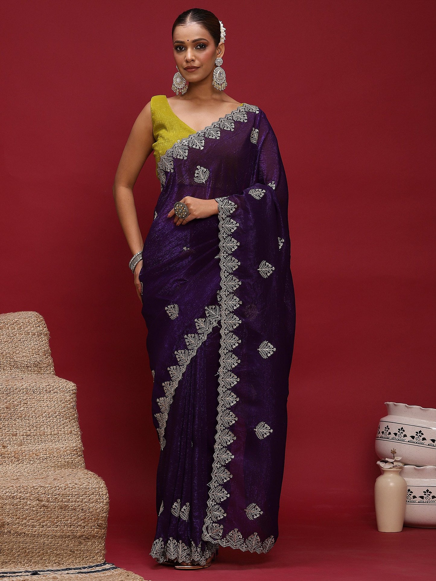 Purple Party Wear Tissue Embellished Saree