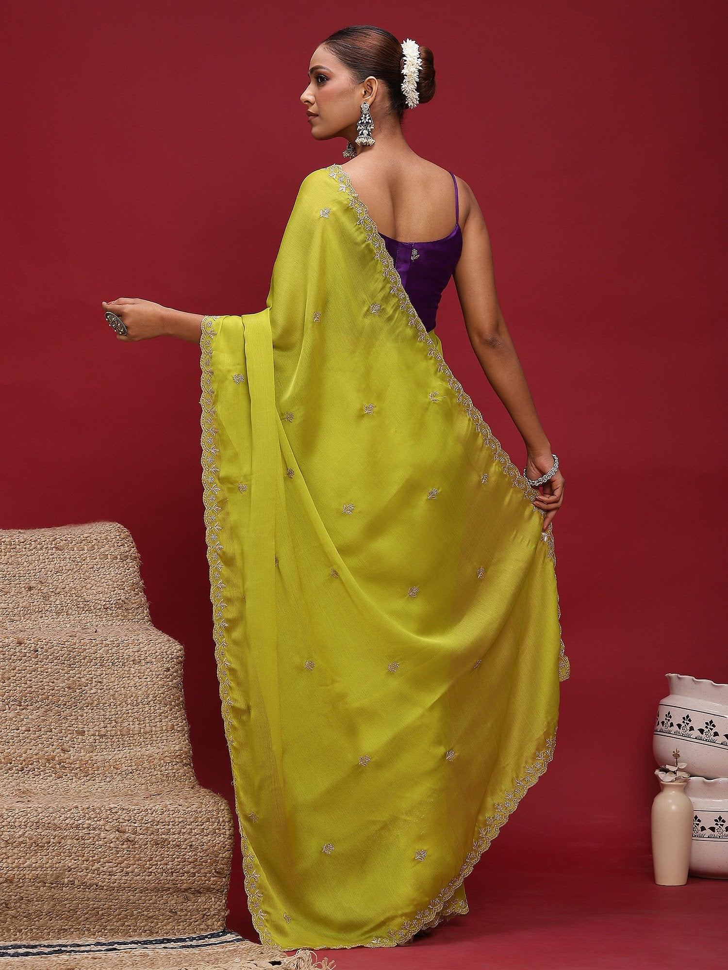 Lime Party Wear Satin Silk Embellished Saree