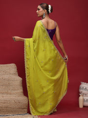 Lime Party Wear Satin Silk Embellished Saree