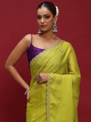 Lime Party Wear Satin Silk Embellished Saree