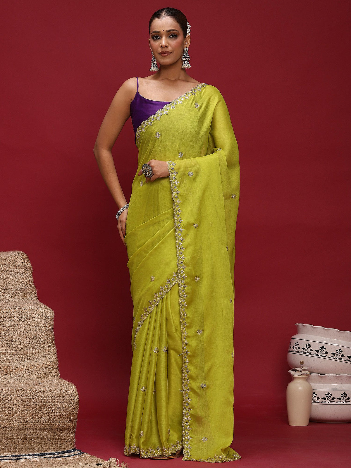 Green Lime Party Wear Satin Silk Embellished Saree