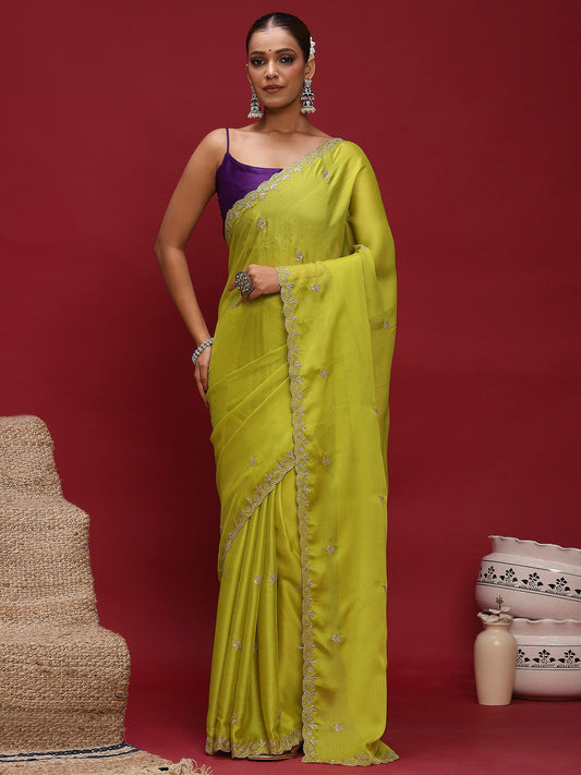 Green Lime Party Wear Satin Silk Embellished Saree