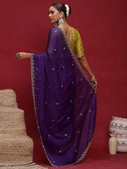 Purple Party Wear Satin Silk Embellished Saree